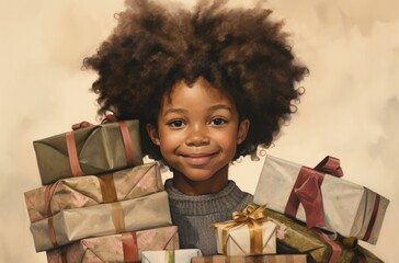 Poster - A painting of a young girl holding a bunch of presents. Generative AI.