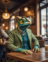 Anthropomorphic Male Chameleon In A Jacket Resting With Coffee In A Cafe