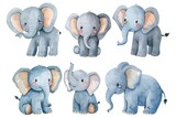 Fototapeta Dziecięca - Set of cute elephant in different poses in style watercolor, playful and cheerful
