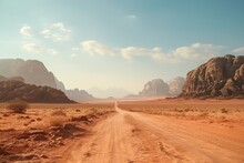 Landscape View Of Dusty Road Going Far Away Nowhere In Wadi Rum Desert Jordan