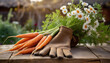 Bouquet de carottes sur la table en bois dans le jardin, jardinage et légumes frais brut dans le jardin potager - IA générative