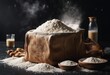 Bag with flour and sifting flour on black background Cooking baking cooking bread concept in dark room