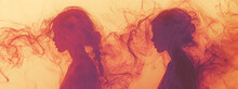 Abstract Smoke Background With Silhouette Of Two Girls In Orange Color