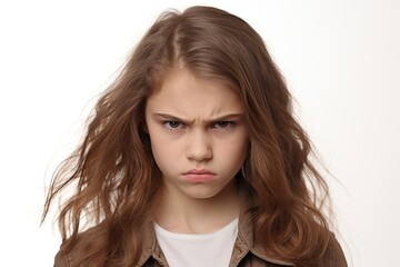 Wall Mural - Portrait of angry child girl on white background