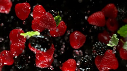 Aufkleber - Super Slow Motion of Berries Mix Isolated on Black Background. Filmed on High Speed Cinema Camera, 1000 fps. Speed Ramp Effect.