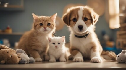 two kittens and puppy  tender scene at an animal clinic, with a caring vet tenderly examining a sleepy eyed puppy  