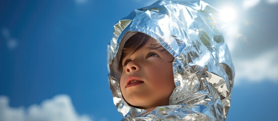 Wall Mural - Child wearing tin foil hat gazing skyward.