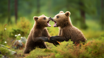 Wall Mural - Two cute brown bear cubs playing in the forest