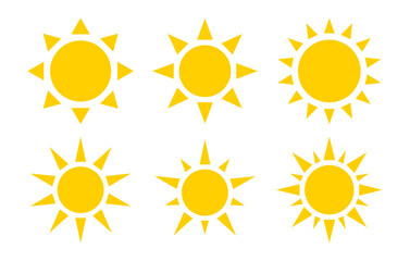 Wall Mural - Sun vector set of six in yellow color. Sun simple icons collection. Yellow sun icon set, sunshine and solar glow, sunrise or sunset. Vector illustration.