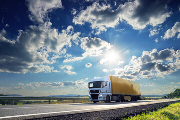 Wall Mural - Large Transportation Truck on a highway road through the countryside at sunset