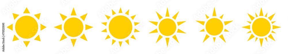 Sun vector set of six in yellow color on white background. Sun simple ...