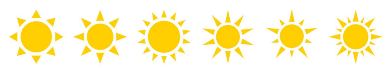 Sun vector set of six in yellow color on white background. Sun simple icons collection. Yellow sun icon set, sunshine and solar glow, sunrise or sunset. Vector illustration.