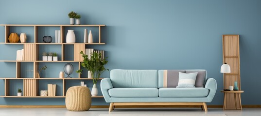 Wall Mural - Renew blue scandinavian living room with modern furniture and bookshelf against blue wall d  cor.