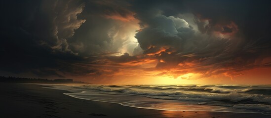 Wall Mural - Storm approaching beach at sunset.