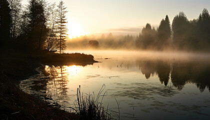 Wall Mural - Tranquil scene of a sunset over a forest generated by AI