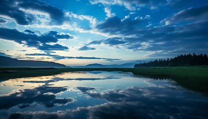 Poster - Tranquil sunset over mountain range reflects on water generated by AI