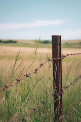 Sticker - A picture of a barbed wire fence in a grassy field. Suitable for illustrating boundaries and security concepts