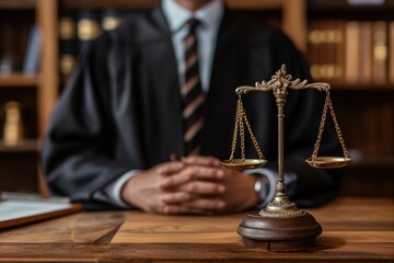 Wall Mural - A man in a suit sitting at a desk with a scale of justice. Suitable for legal and justice-related concepts