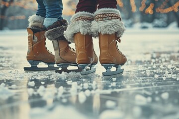 Canvas Print - A pair of feet in boots standing on a pair of ice skates. Suitable for winter sports and outdoor activities