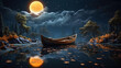 Fantasy landscape with a wooden boat and a full moon in the sky. 
