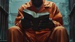 A man sitting down reading a book in a jail cell. This image can be used to depict confinement, solitude, or imprisonment in various contexts
