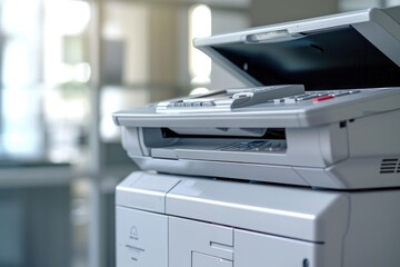 A close up view of a printer on a desk. This image can be used to represent office equipment or technology