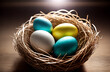 © Олеся Касумова - Colorful Easter eggs in the nest. View from above.Spring Easter background