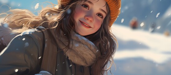 Sticker - A girl smiles in winter on snowy ground.