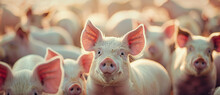 Curious Piglet Standing Out In A Crowd Of Pigs, Glistening In The Warm, Golden Light Of The Farm