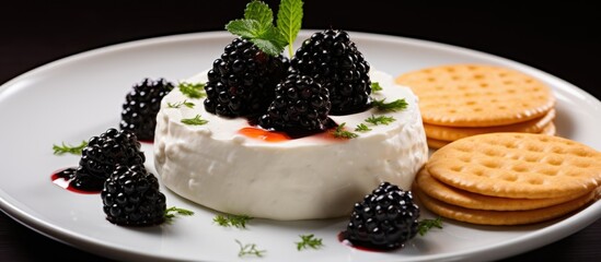 Sticker - Goat cheese and crackers on white plate from above, topped with caviar.