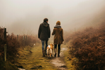 Canvas Print - A couple in coats and scarves walk their pet golden retriever in the foggy autumn countryside