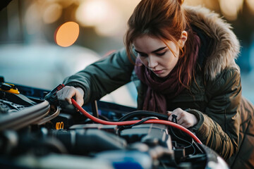 Canvas Print - A woman connects a jumper to start a car engine with a dead battery