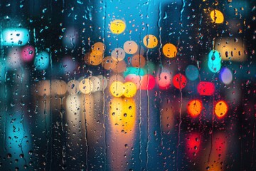 Poster - A rain covered window with rain drops. Can be used to depict a rainy day or create a cozy atmosphere