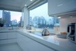 Stunning modern white kitchen with spacious window and breathtaking sunrise view in a skyscraper