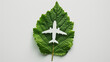 Leaf in which the shape of an airplane is carved. Concept of Sustainable Aviation Fuel (SAF) and Aviation Biofuel. Reducing the Carbon Footprint within the environmental impact of aviation.
