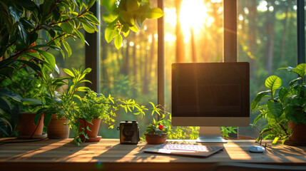 Futuristic Home Office, bright, airy space with tech and green plants, morning sunlight streaming in