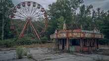 Abandoned Ferris Wheel And Ticket Booth In An Overgrown Amusement Park