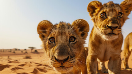Wall Mural - couple of young lions standing on top of sandy field. perfect for wildlife enthusiasts or educationa