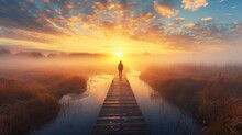 person standing on a boardwalk, admiring the sunrise over a misty marshland generative ai