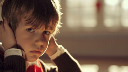 Poster - Young boy holding cell phone to his ear. Can be used to illustrate technology and communication.