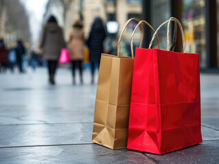 Two shopping bags in closeup within a chic urban shopping district.