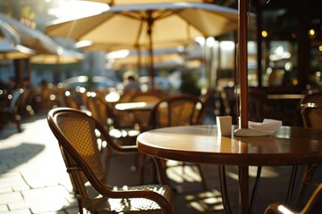 Wall Mural - A sidewalk with a table, chairs, and umbrellas set up for outdoor seating. Suitable for restaurant or cafe scenes