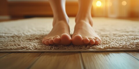 Sticker - Person's feet seen up close resting on a rug. Suitable for home decor or relaxation-themed projects