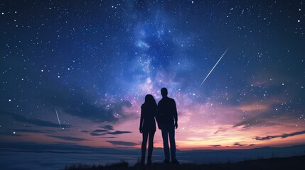 Wall Mural - silhouette of a couple with their backs turned, standing on top of a hill, witnessing the beauty of a meteor shower in the night sky generative ai