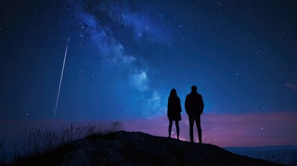 Wall Mural - silhouette of a couple with their backs turned, standing on top of a hill, witnessing the beauty of a meteor shower in the night sky generative ai