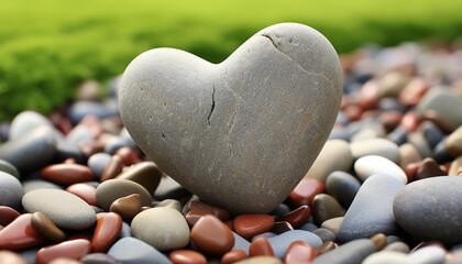 Poster - Love shaped stone on sandy beach, symbolizing romance generated by AI