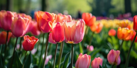 Poster - A vibrant field of pink and orange tulips, illuminated by the sun. Ideal for springtime or nature-themed designs