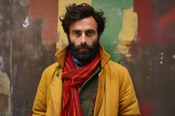 Sticker - Portrait of handsome bearded man in yellow coat and red scarf.