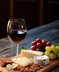 Wall Mural - Gourmet meal, wine, cheese, bread, and fruit, generated by AI