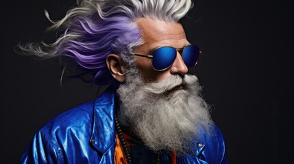 Wall Mural - Portrait of bearded age model man with stylish colored hair and beard in fashionable bright glasses. Dyed hair senior men. Hair and beard trendy style for old men. Merman trend, rainbow colored hair